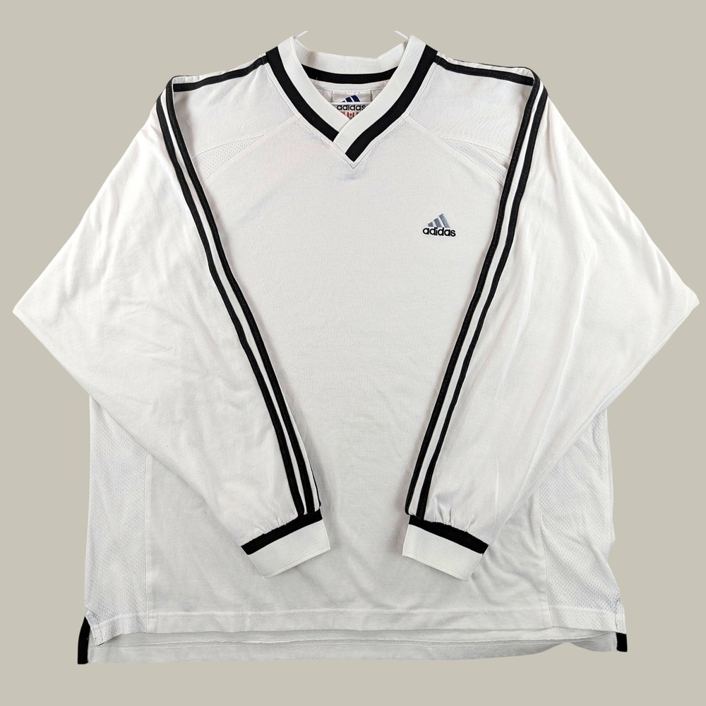 Vintage 90s Adidas 3-Stripe V-Neck Long Sleeve Shirt Mens XL White Black